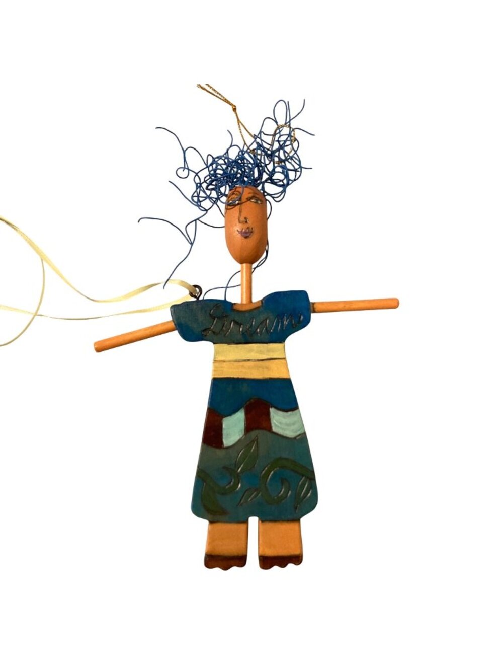 Hand Painted Wooden Doll Ornament With Dream Design And Blue Wire Hair